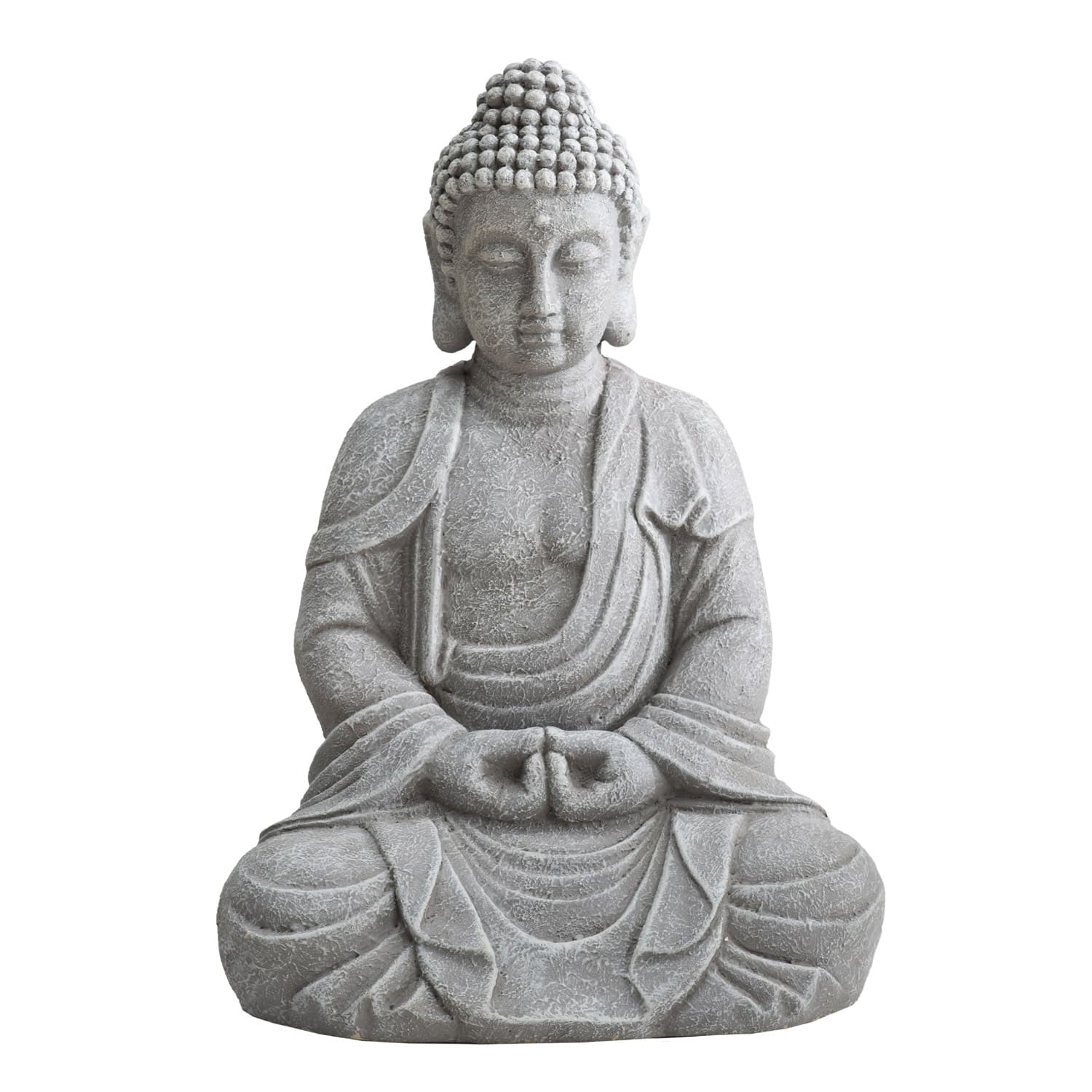 Pilka budos statula sodui, sėdinti meditacijoje, baltame fone